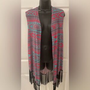NWT Womens Red, Green Aztec Black Fringe Tank Sleeves Kimono western Christmas